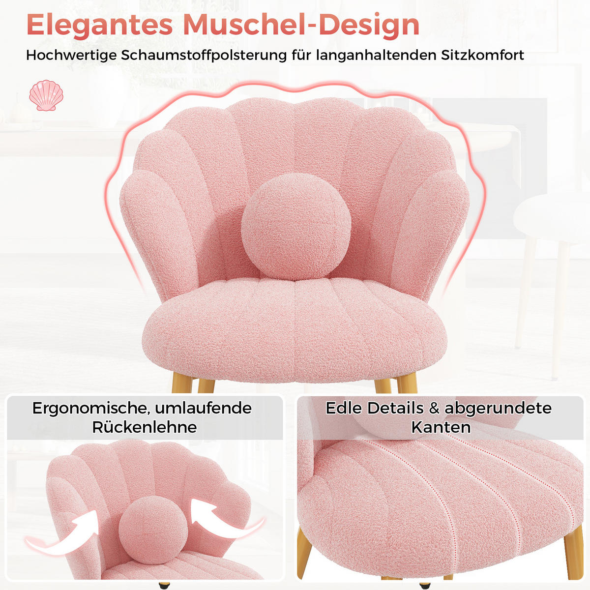STUHL-SET 2 Stück Muschel-Design, DE-42124, Rosa - Pink, Holzwerkstoff (62.5/83/60cm) - ComfortXL