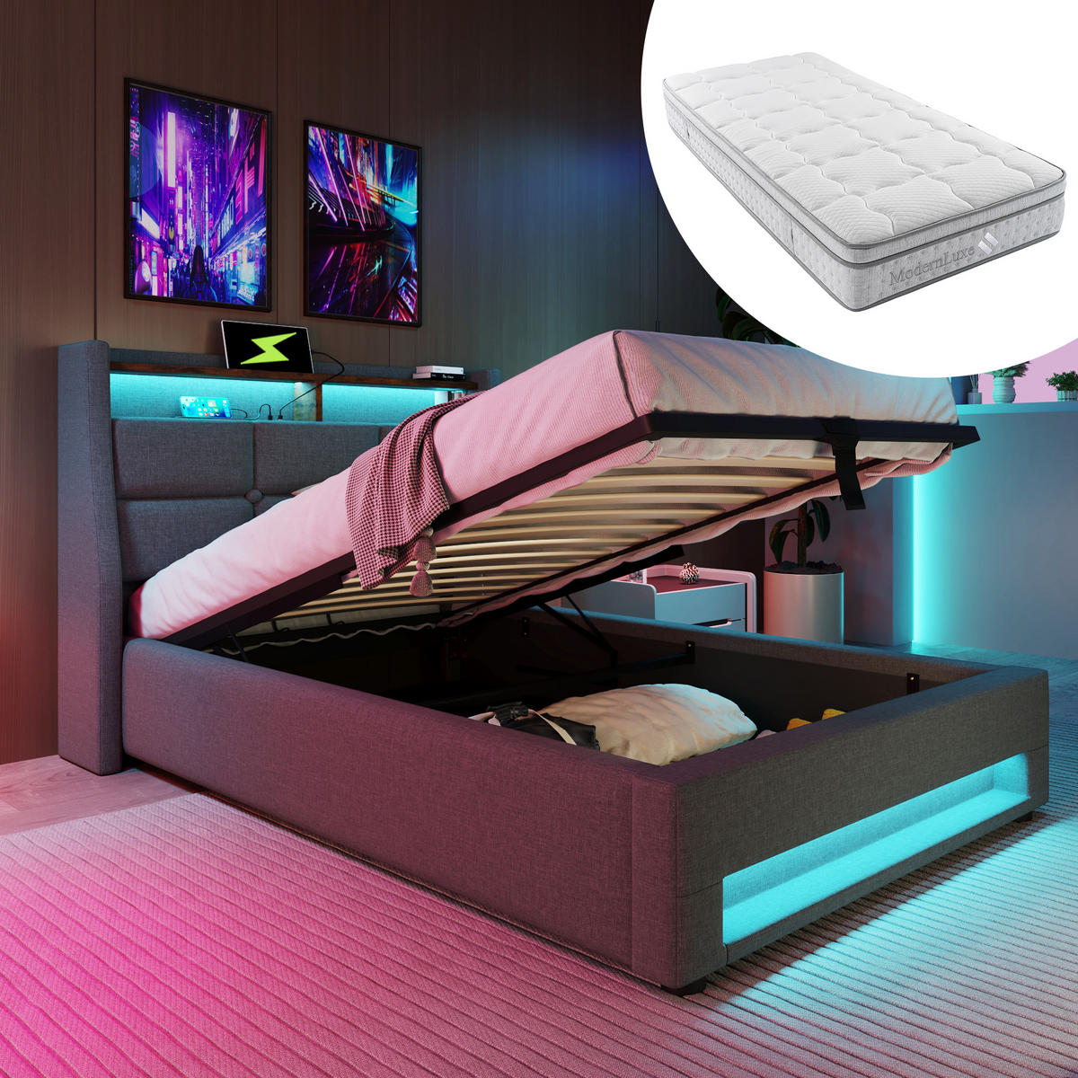 STAURAUMBETT 90/200 cm DE-32540 mit LED und Matratze Grau - Grau, Metall (90/200cm) - ComfortXL