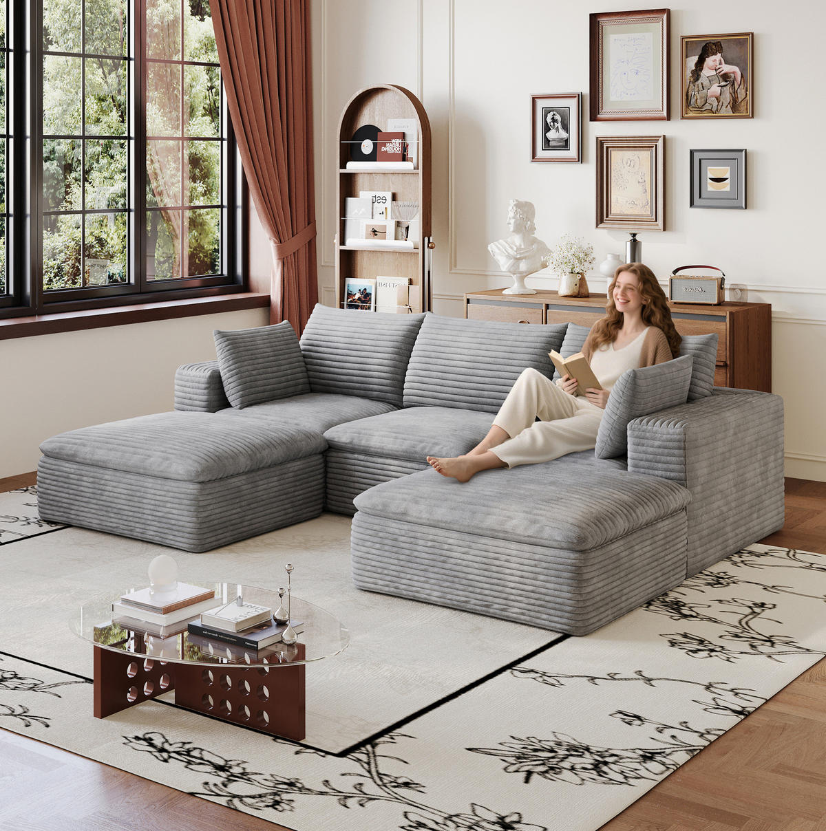 WOHNLANDSCHAFT aus Stoff 260 cm Grau mit abnehmbarer Polsterung und flexiblem Doppelschicht-Design - Grau, Textil (260/60/160cm) - Modfu