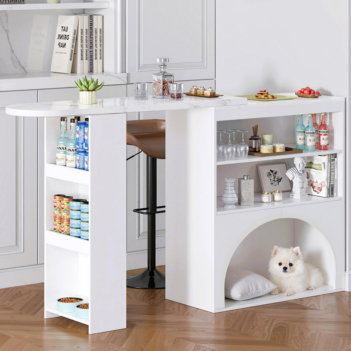 BARTISCH aus MDF 120(+80)x40x100 cm Weiß ausziehbar mit offenem Stauraum und integriertem Haustierbereich - Weiß, Holzwerkstoff (40/120/100cm) - Modfu