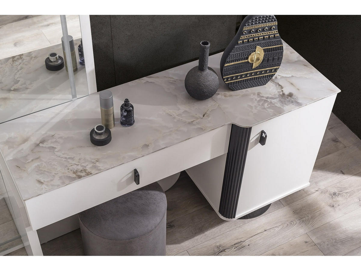 BETTANLAGE BARCELONA Schlafzimmer-Set, 4-teilig, Anthrazit, Bett mit Kopfteil, 2 Nachttische und Kommode - Anthrazit, Leder/Holzwerkstoff (160/200cm) - Villa Möbel