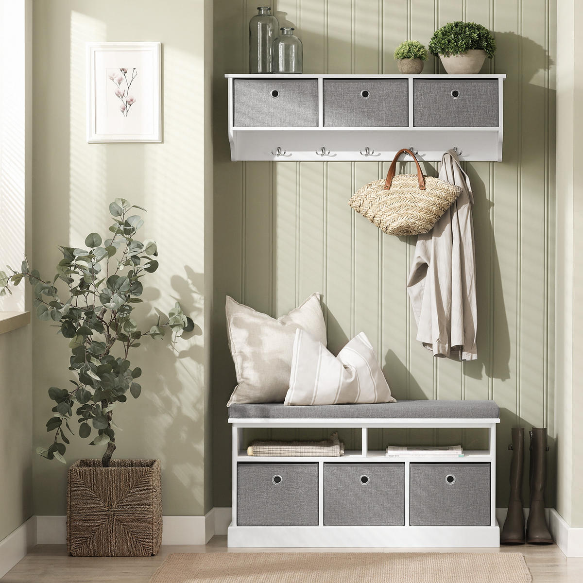 SCHUHBANK Grau - Weiß, Holzwerkstoff (96/50/35cm) - SoBuy