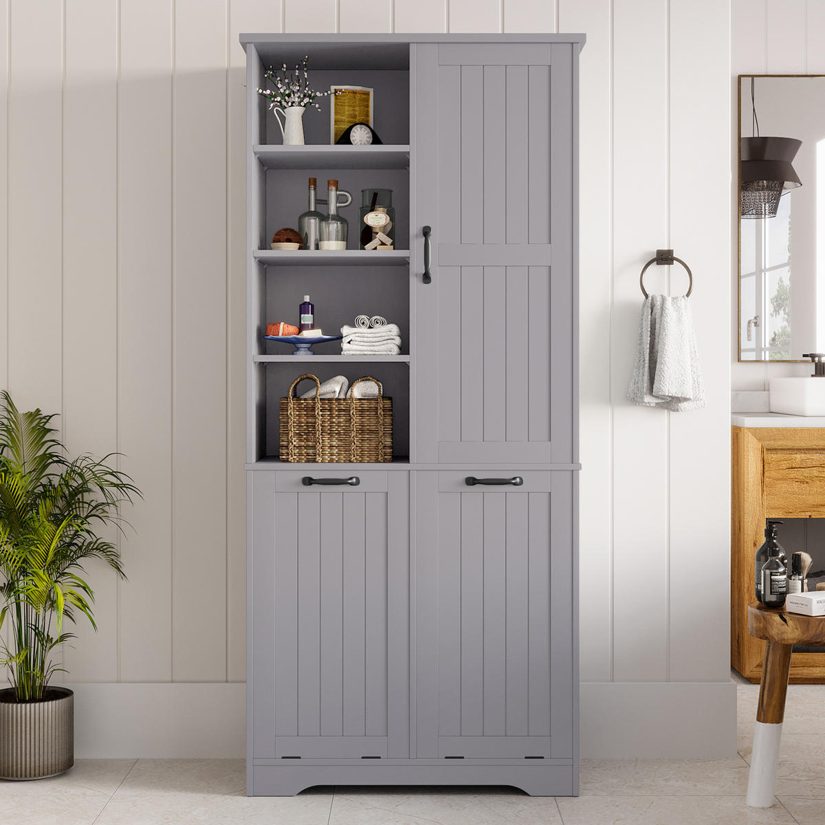 BADEZIMMERSCHRANK 78x35x172.7cm in Grau, feuchtigkeitsbeständig mit 2 Wäschekörben - Grau, Holzwerkstoff (78/172.7/35cm) - Modfu