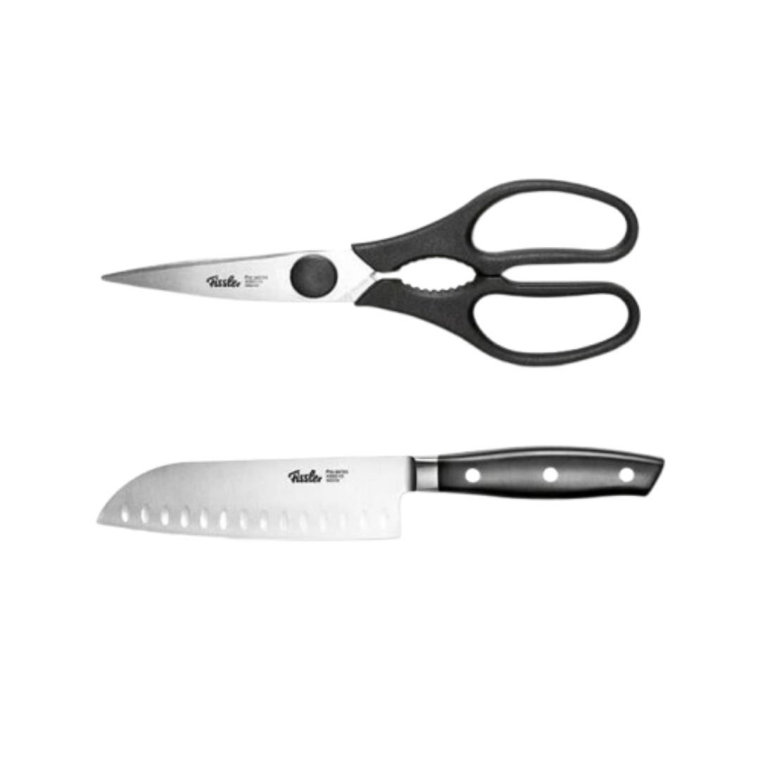 KÜCHENMESSER SET 2-tlg Schwarz, Santokumesser 130 mm, Küchenschere, Edelstahl, Schneidemesser, Küchenzubehör, Profi Messer, Klingenstahl, Kochbedarf - Silberfarben/Schwarz, Kunststoff/Metall - Fissler