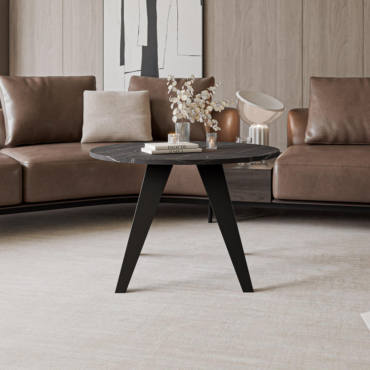 COUCHTISCH FRESCO 75/50 cm runden, Schwarz / Grigia Pietra (Steingrau) - Schwarz/Grau, Metall (75/75/50cm) - Idohome