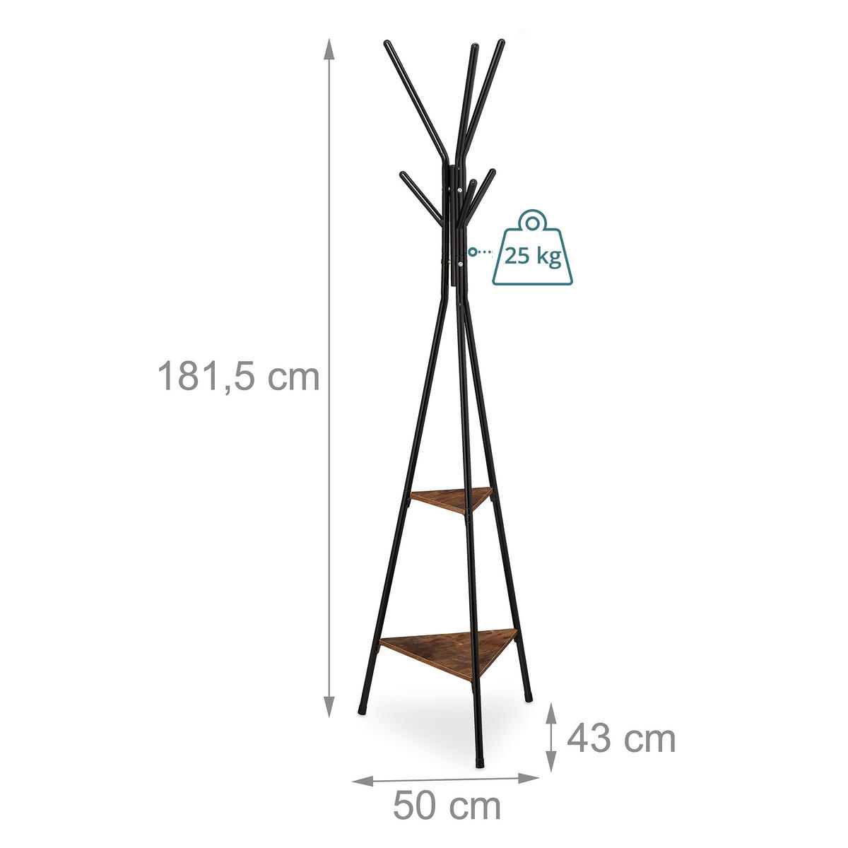 GARDEROBENSTÄNDER Schwarz Braun Industrial 6 Haken - Schwarz, Holzwerkstoff/Metall (50/181.5/43cm) - Relaxdays