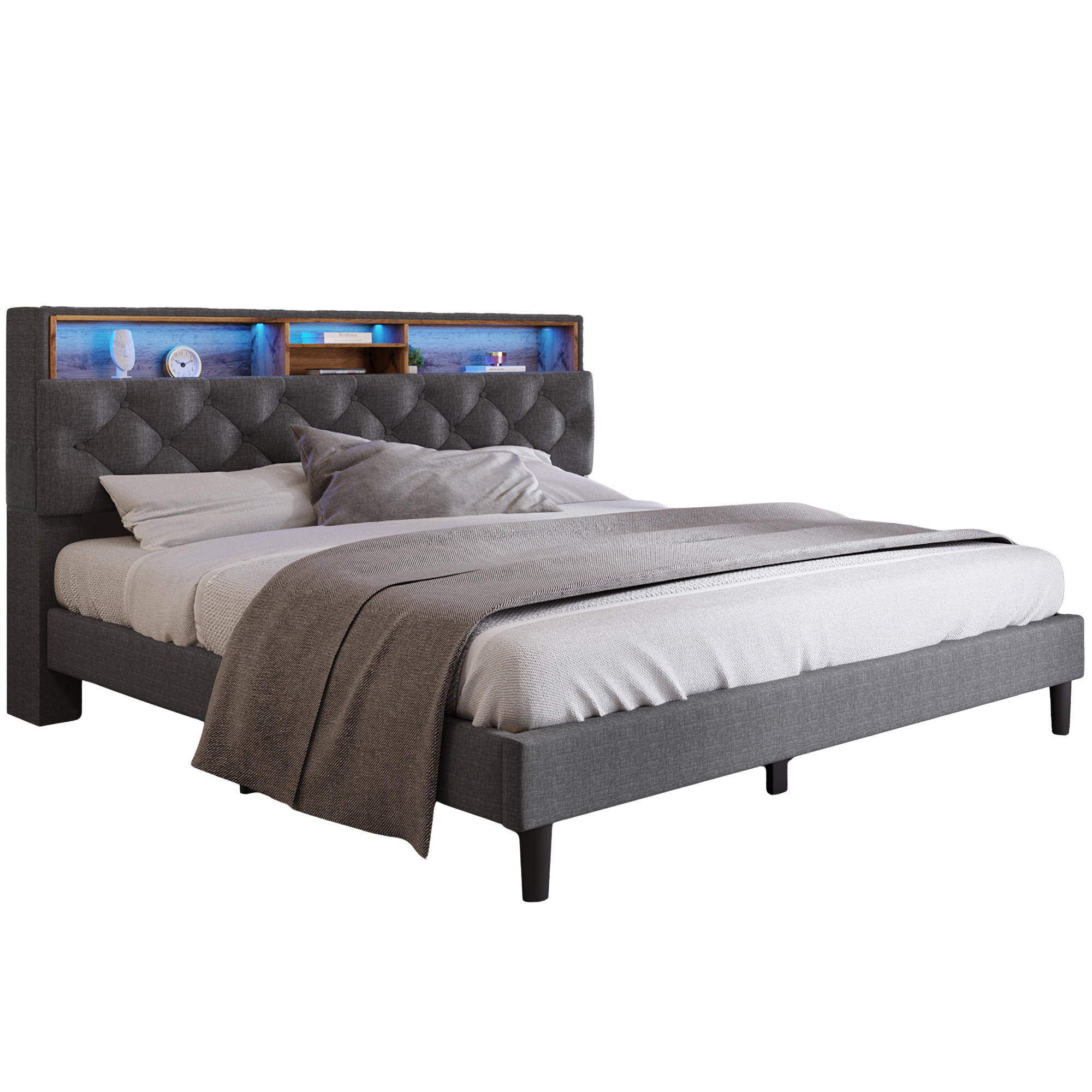 POLSTERBETT 140/200 cm Grau mit Stauraum-Kopfteil und LED-Beleuchtung Mit Matratze - Dunkelgrau, Holz (140/200cm) - OKWISH