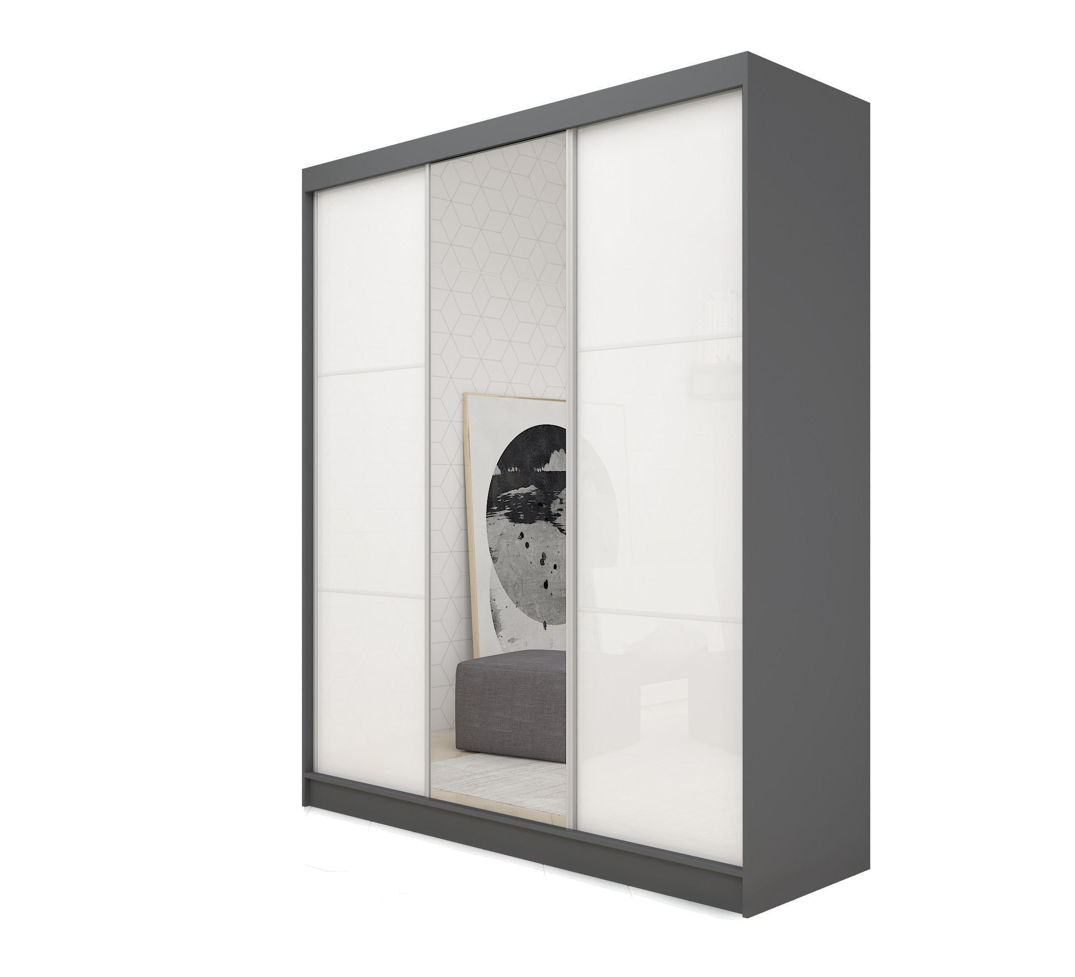 SCHWEBETÜRENSCHRANK VITALE 180/216/61 cm 3-türig mit Spiegel Grau - Weiß/Grau, Holzwerkstoff (180/216/61cm) - MASSENO