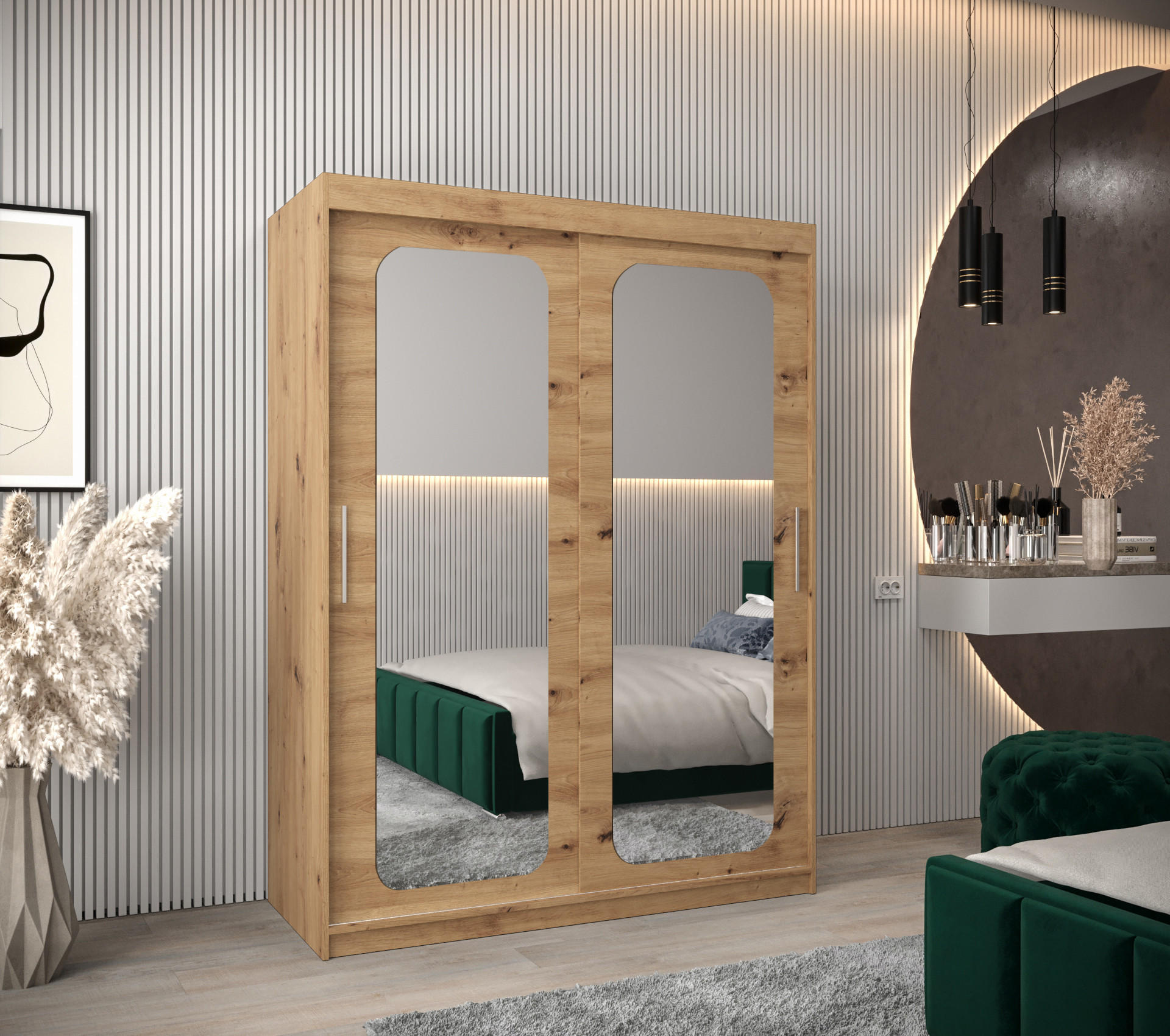 SCHWEBETÜRENSCHRANK 200/150/62 2-türig - Silberfarben/Eiche Artisan, Holz/Kunststoff (150/200/62cm) - MÖBEL KRYSPOL