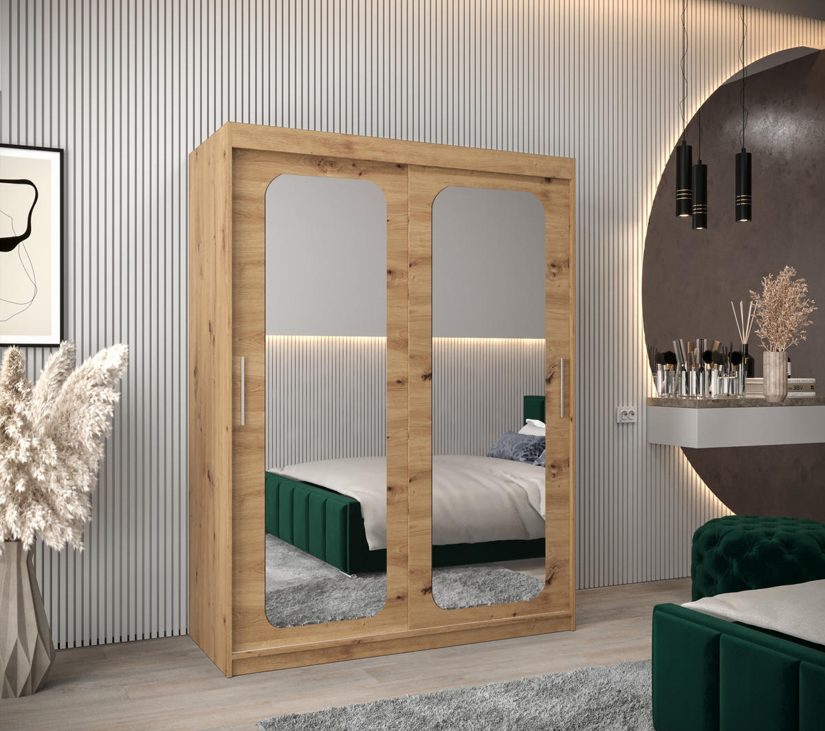 SCHWEBETÜRENSCHRANK 200/150/62 2-türig - Silberfarben/Eiche Artisan, Holz/Kunststoff (150/200/62cm) - MÖBEL KRYSPOL