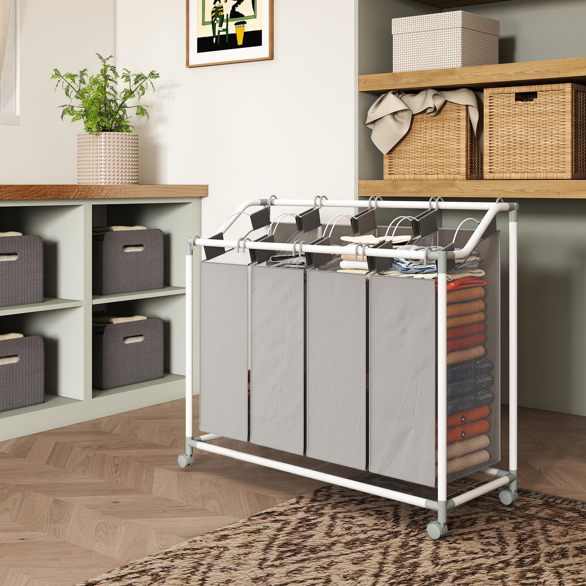 WÄSCHEKORB DE-09422 4 Fächer mit Rädern Grau - Grau, Metall (97/81/38cm) - ComfortXL