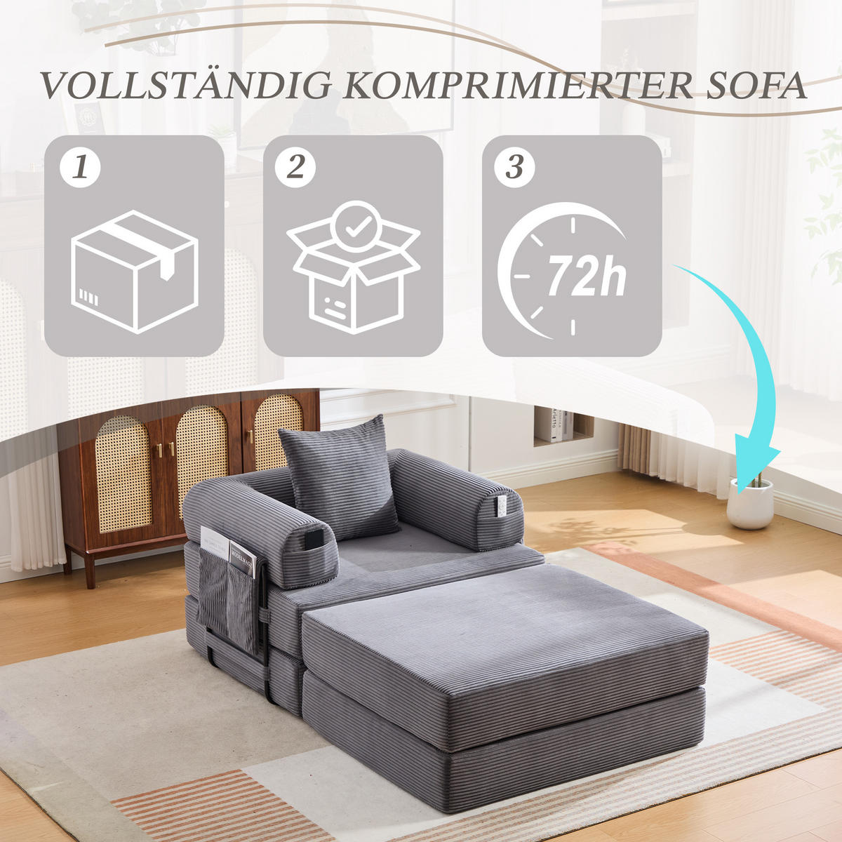 SOFA Cord Dunkelgrau mit Hocker, Kissen und Seitentasche - Dunkelgrau, Textil/Metall (112/67/190cm) - WISHDOR