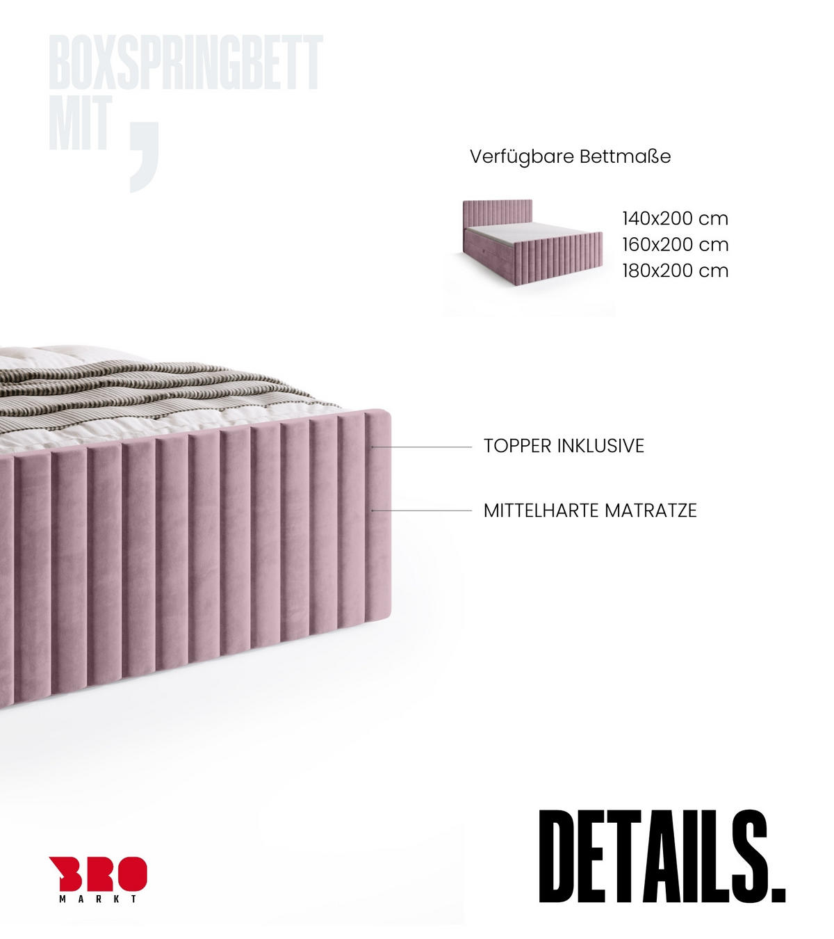 BOXSPRINGBETT Dream Duo mit Topper 180/200 Puderrosa - Rosa, Kunststoff (180/200cm) - Bromarkt