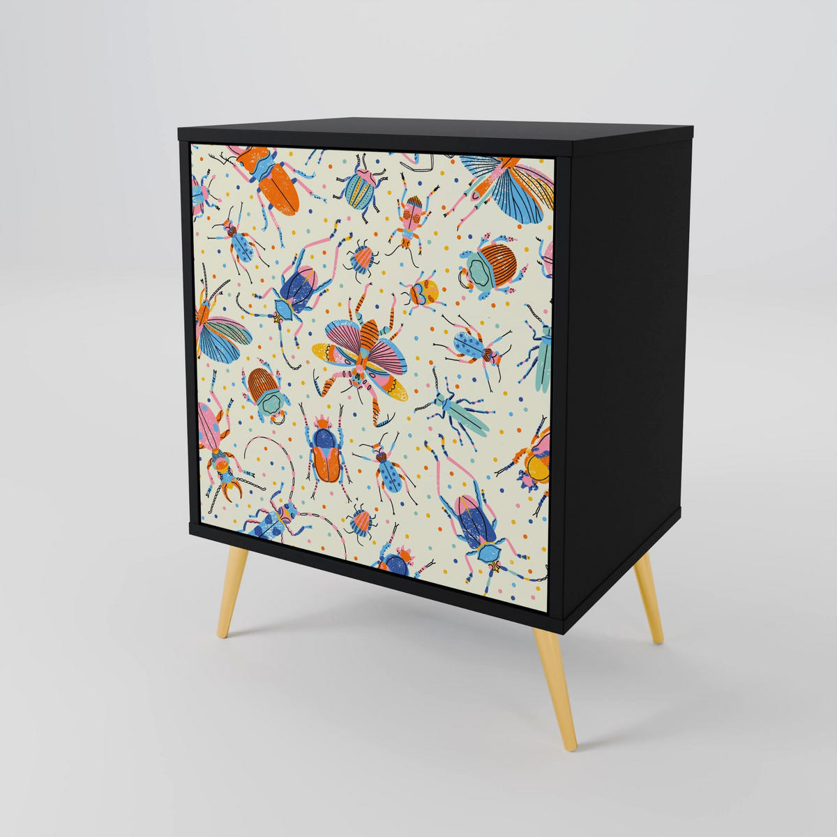 SIDEBOARD COLORFUL INSECTS, Schwarz, 57,5x42x72,5 cm, Schwarze Metallfüße - Multicolor/Schwarz, Holzwerkstoff/Metall (57.5/72.5/42cm) - SpaceRebels
