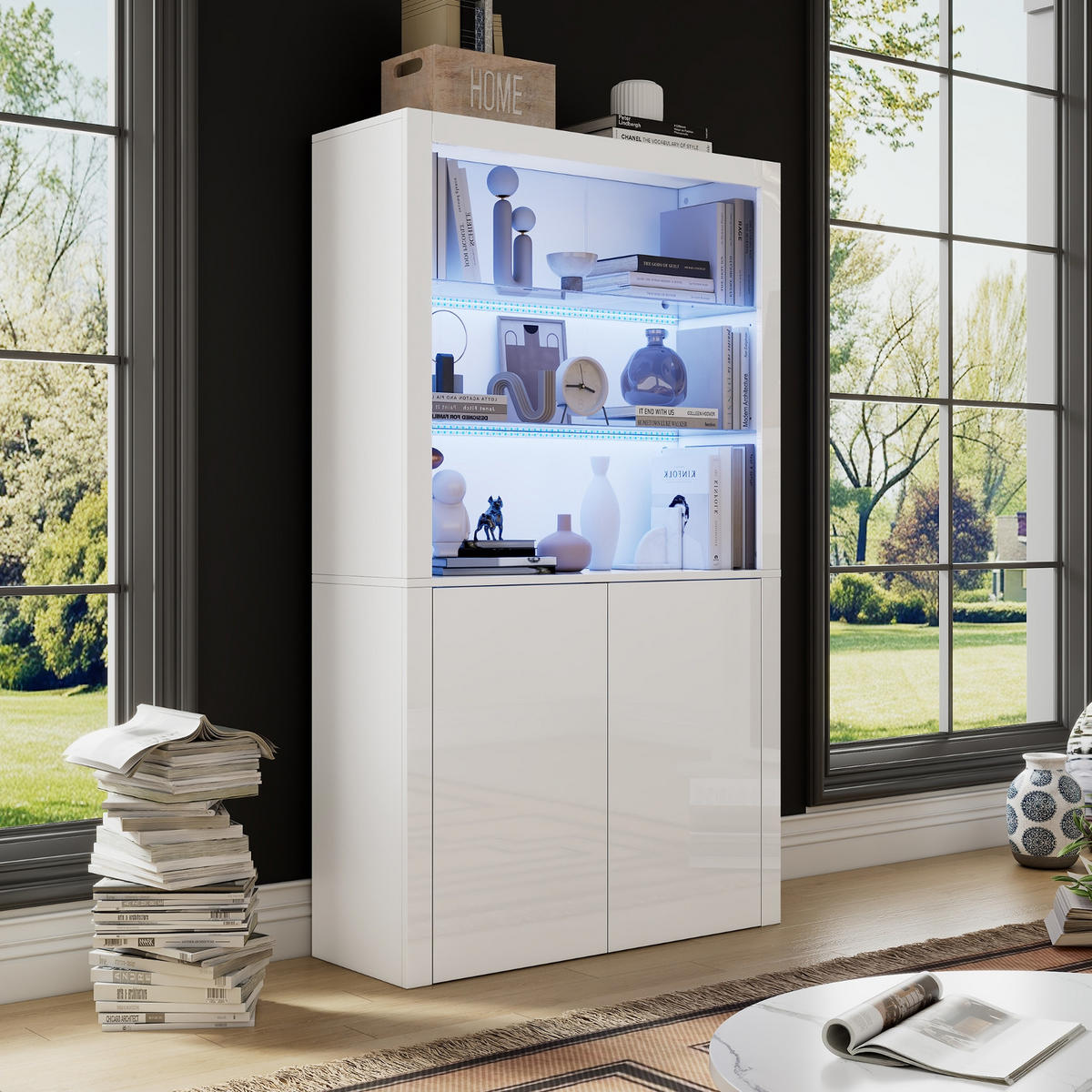 KÜCHENSCHRANK 100/170/35 cm, MDF, MIT LED-BELEUCHTUNG, Wohnzimmer Hochschrank - Weiß, Holzwerkstoff (35/170/100cm) - Rolipo