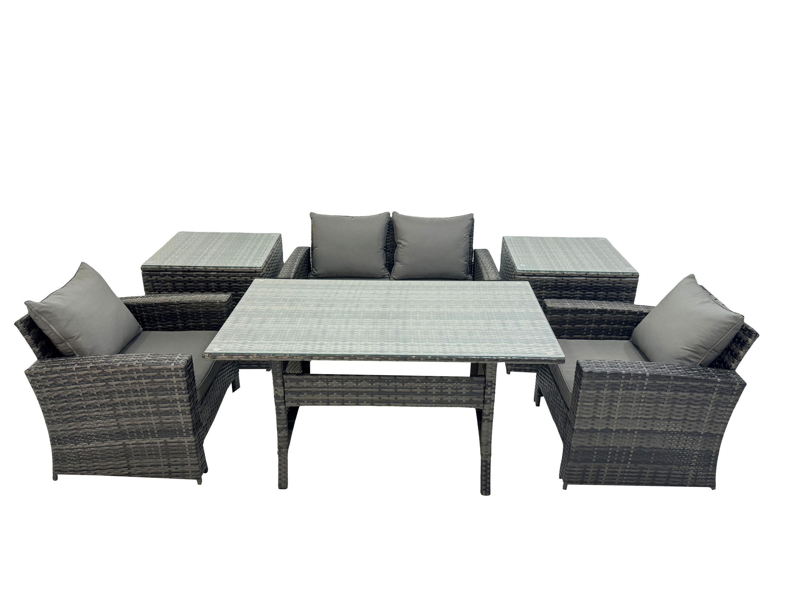 GARTENMÖBELSET mit 2 Sesseln,Zweisitzer,Esstisch,2 Beistelltischen Polyrattan Dunkelgrau 4-Sitzer - Dunkelgrau/Grau, Glas/Kunststoff - Fimous