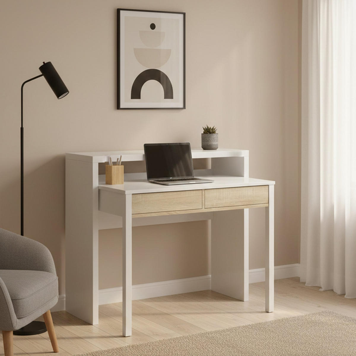 SCHREIBTISCH Weiß, Eiche 36/98.5/87.5 cm - Eichefarben/Weiß, Holzwerkstoff (36/99/88cm) - DMORA