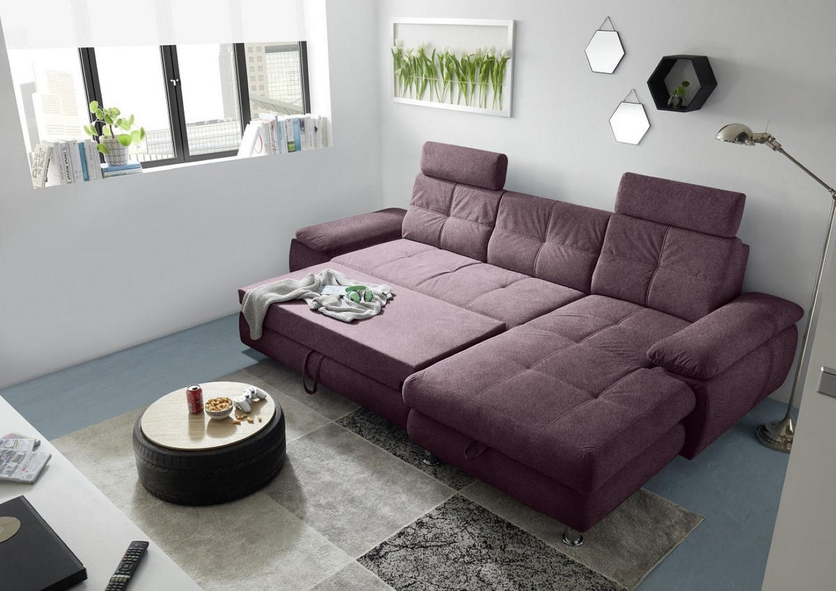 ECKSOFA mit Schlaffunktion und Bettkasten, Brego-Stoff - Chromfarben/Rot, Textil/Metall (177/274cm) - ed exciting design