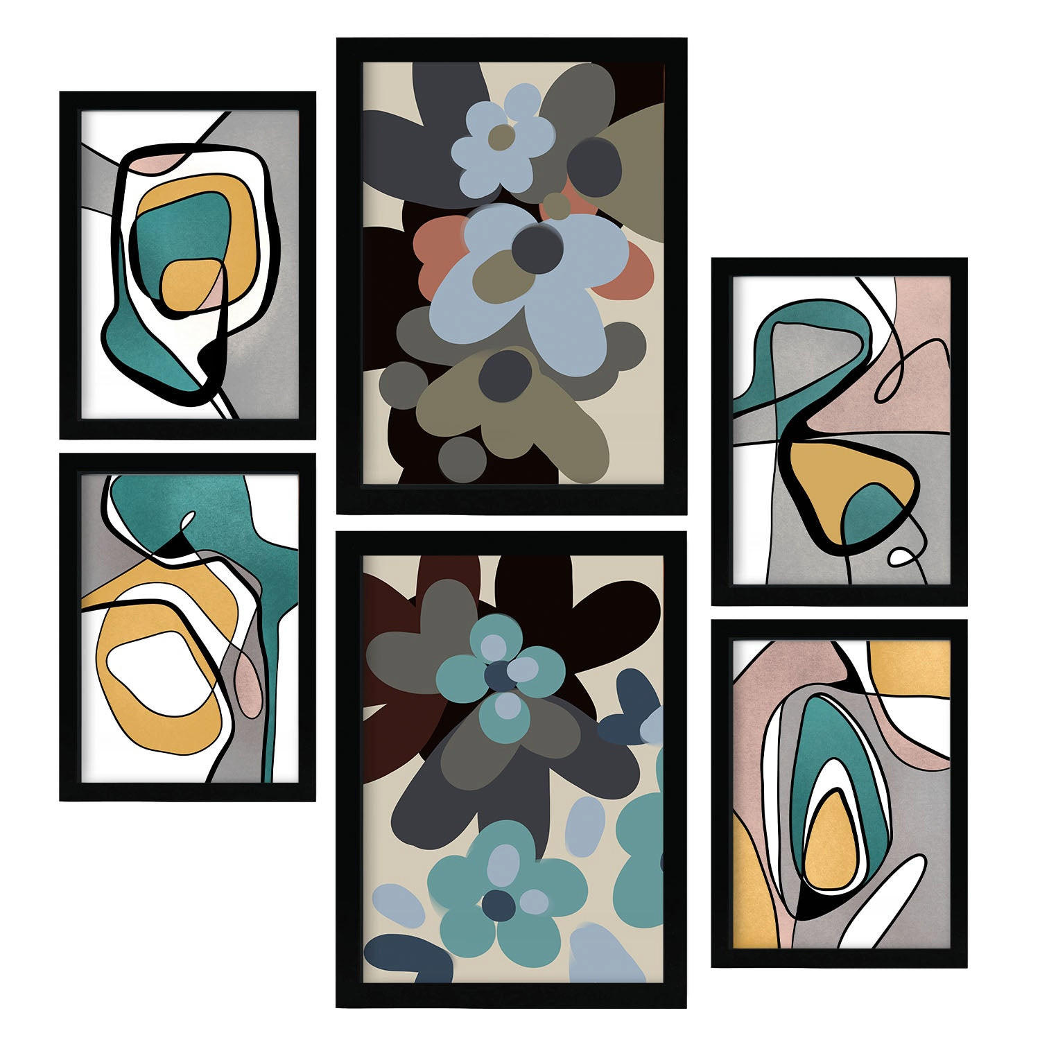 POSTER Set Mit 6 Hodgepodge Blume In Blume Zusammenfassung Ästhetische Dekorative Gemälde Für Ihr Wohnzimmer Zuhause A3 & A4 Schwarzer Rahmen - Schwarz, Papier (29/3cm) - Nacnic