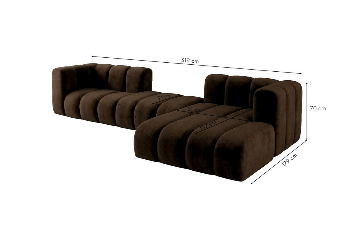 ECKSOFA Modulares In L-Form, Velvet-Stoff Riviera, Schokolade, Rechts, GRAND 319 cm - Braun, Holz (319/175cm) - Kaiser Möbel