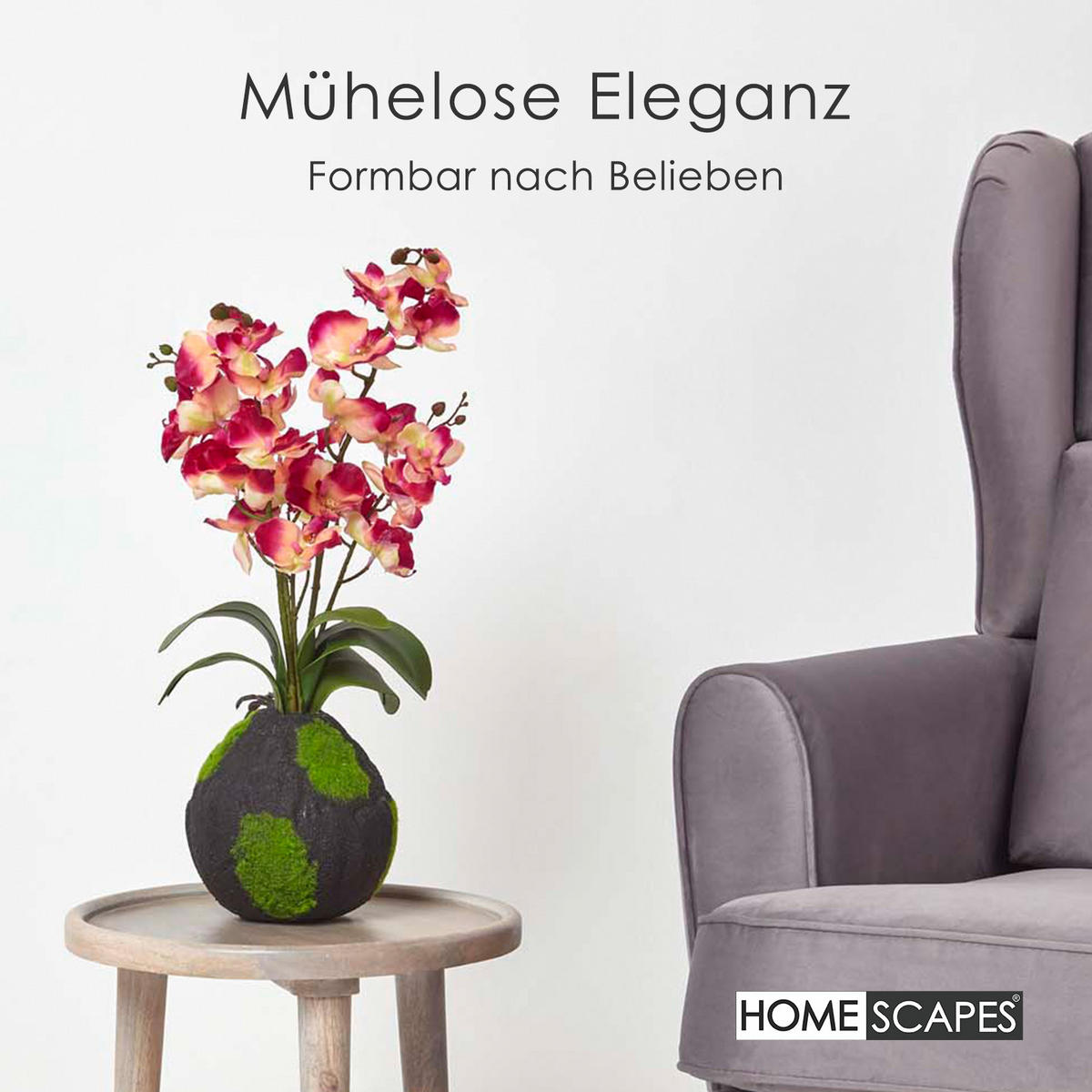 KUNSTBLUME Orchidee pink-apricot mit Moos-Sockel, 60 cm - Pink, Kunststoff (60cm) - Homescapes