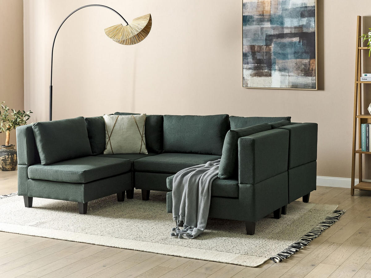 MODULÁRNÍ POHOVKA 5-místná Tvar U Tmavě zelená Látka Unstad - zelená barva, textil (228/72/76cm) - Beliani