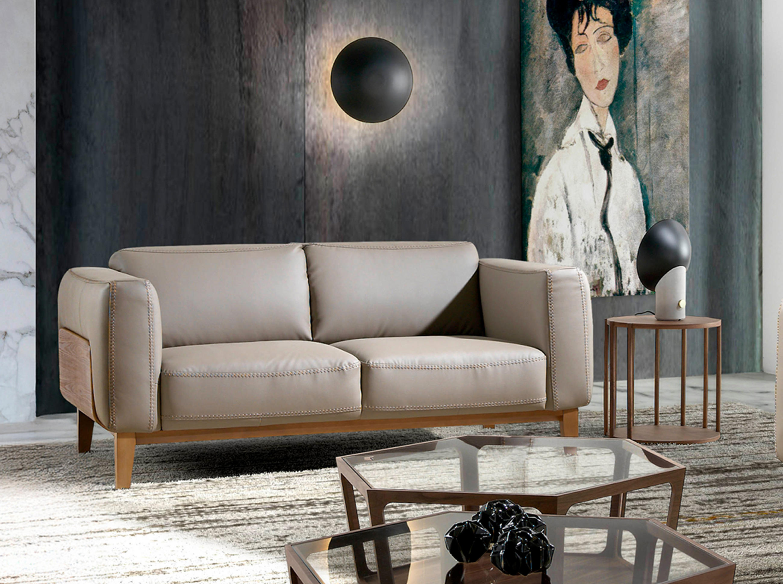 SOFA 2-SITZER Walnuss Nerz 159/92/77 cm - Taupe/Walnussfarben, Leder (159/77/92cm) - ANGEL CERDA