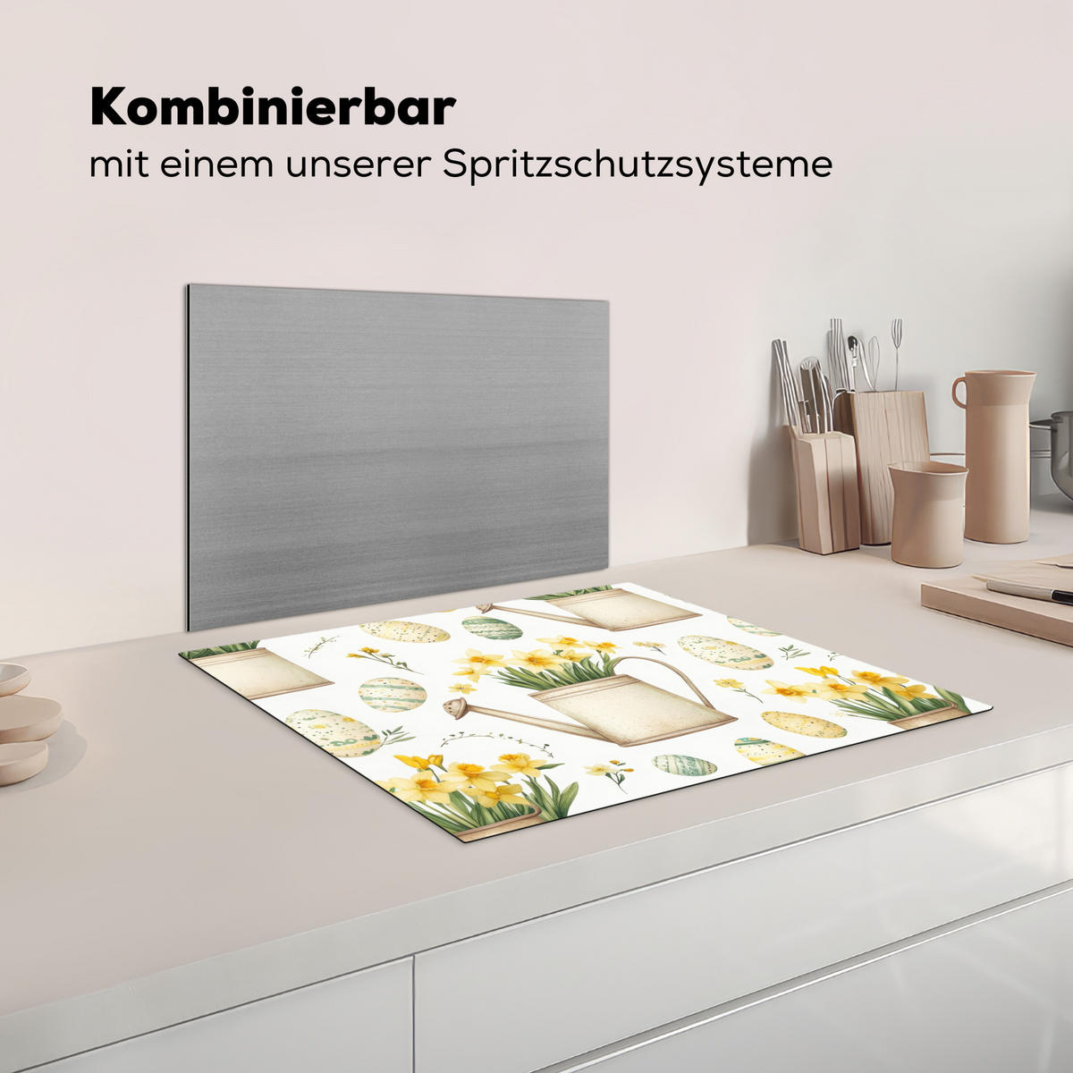 HERDABDECKPLATTE Gießkanne - Blumen - Eier Herdabdeckung Induktionsfeld 65x52 cm - Weiß, Kunststoff (65/52/0.2cm) - MuchoWow