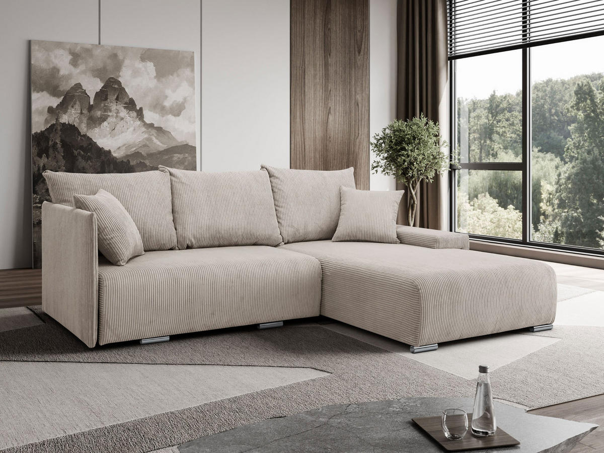 ECKSOFA Lauren L- Form 246 x 188 cm, 4 Sitzer, Bettzeugablage, Sofa, Eckcouch, Cord, rechte Seite, beige - Beige, Kunststoff (246/188cm) - Margaret Hadas24