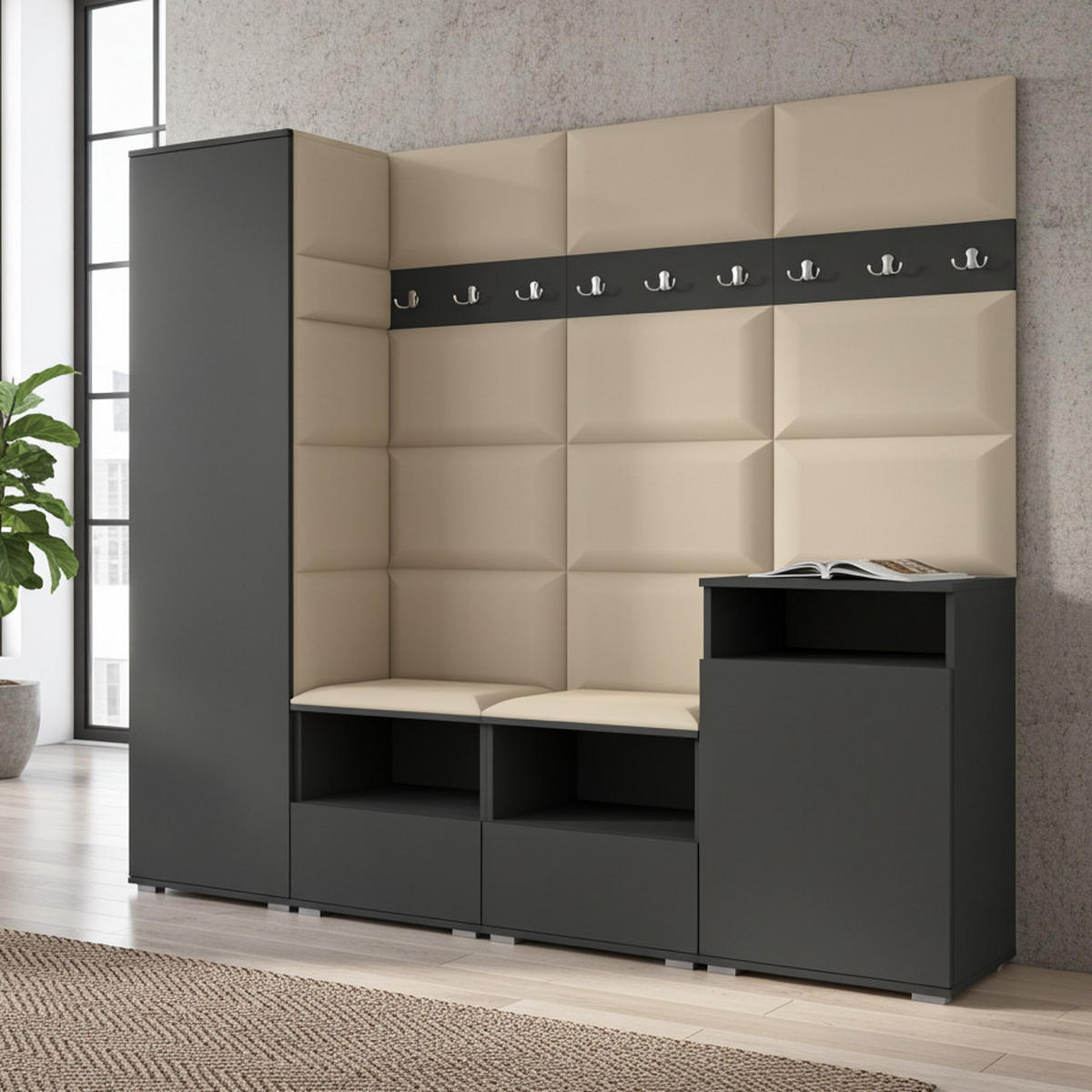 GARDEROBE NELA X 200 cm (Modulare Flurmöbel Graphit mit Sitzpolster Beige 04 Schrank + Sideboard) - Beige/Silberfarben, Holz/Holzwerkstoff (200/187/40cm) - Ravio