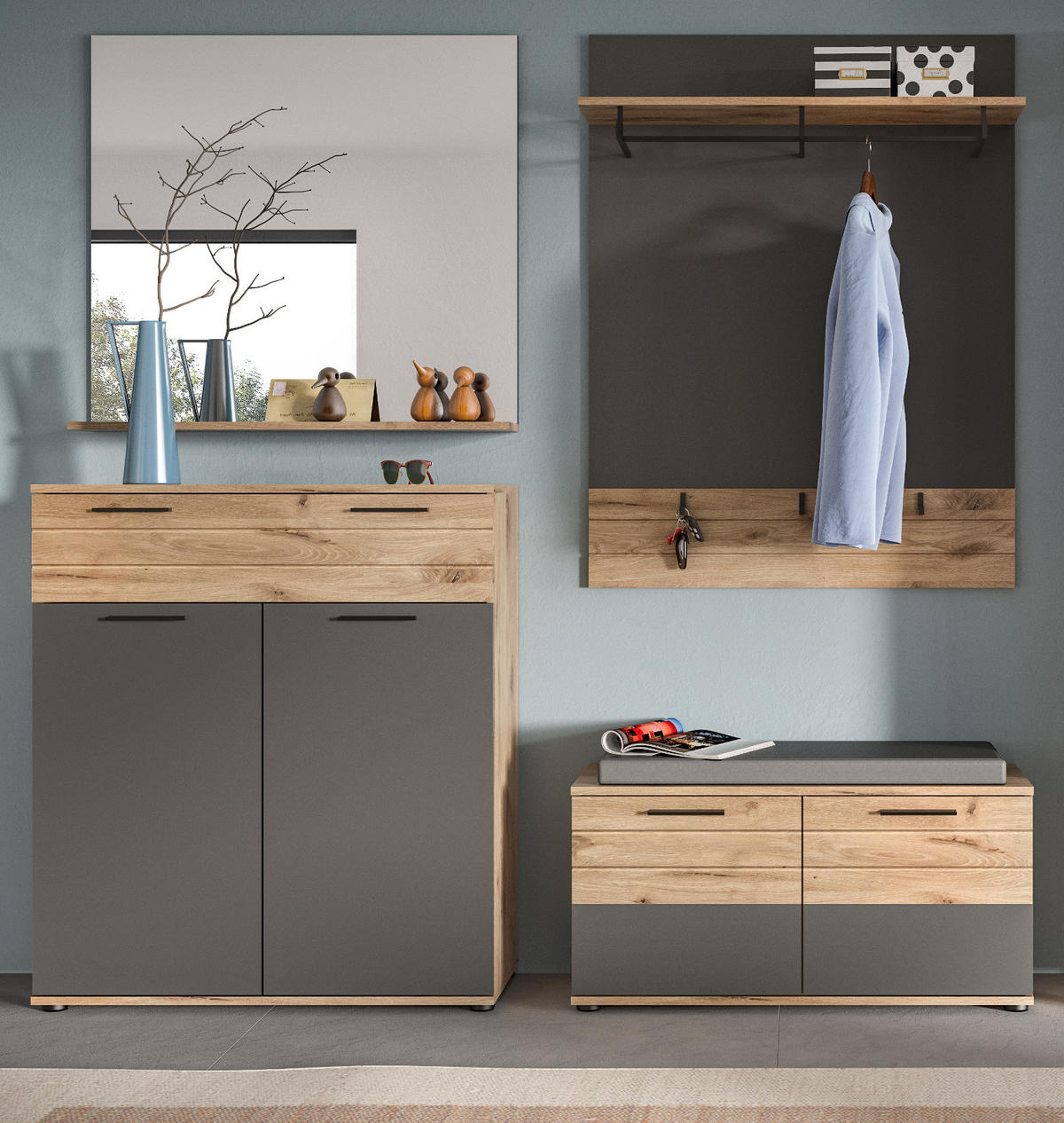 GARDEROBEN-SET Eiche, grau 4-teilig 195 cm mit Soft-Close - Eichefarben, Glas/Holzwerkstoff (90/200/37cm) - Inn.Furn