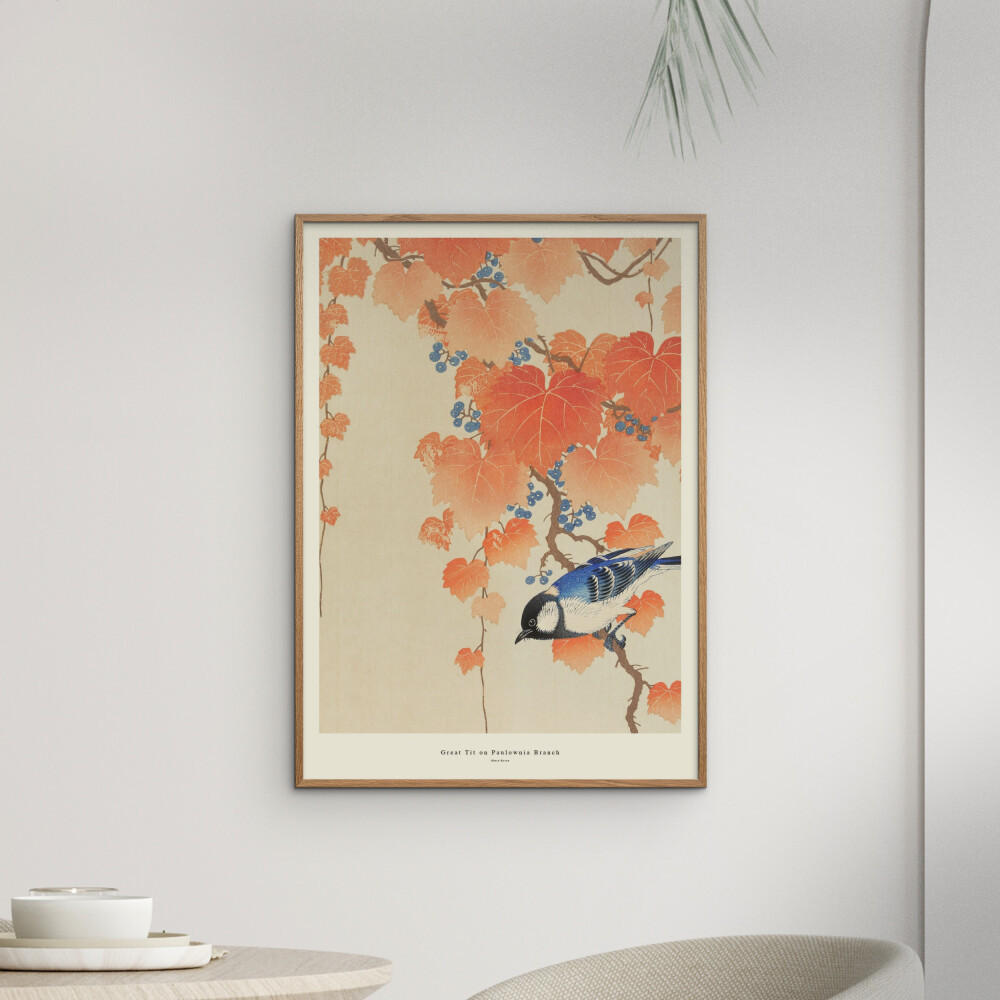 POSTER mit Rahmen A.P. Atelier - Great Tit on Paulownia Branch - Eichefarben/Orange, Holz/Papier (30/40cm) - Poster&Frame