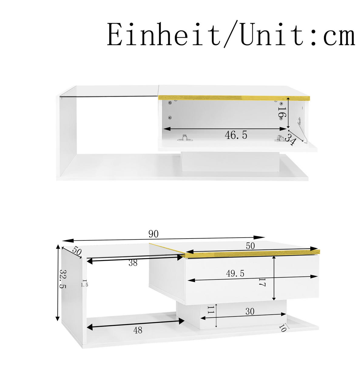 COUCHTISCH 90/50/32.5 cm in Hochglanzweiß aus Spanplatte und Glas mit LED-Beleuchtung - Weiß, Holzwerkstoff (90/50/32.5cm) - OKMYHOME