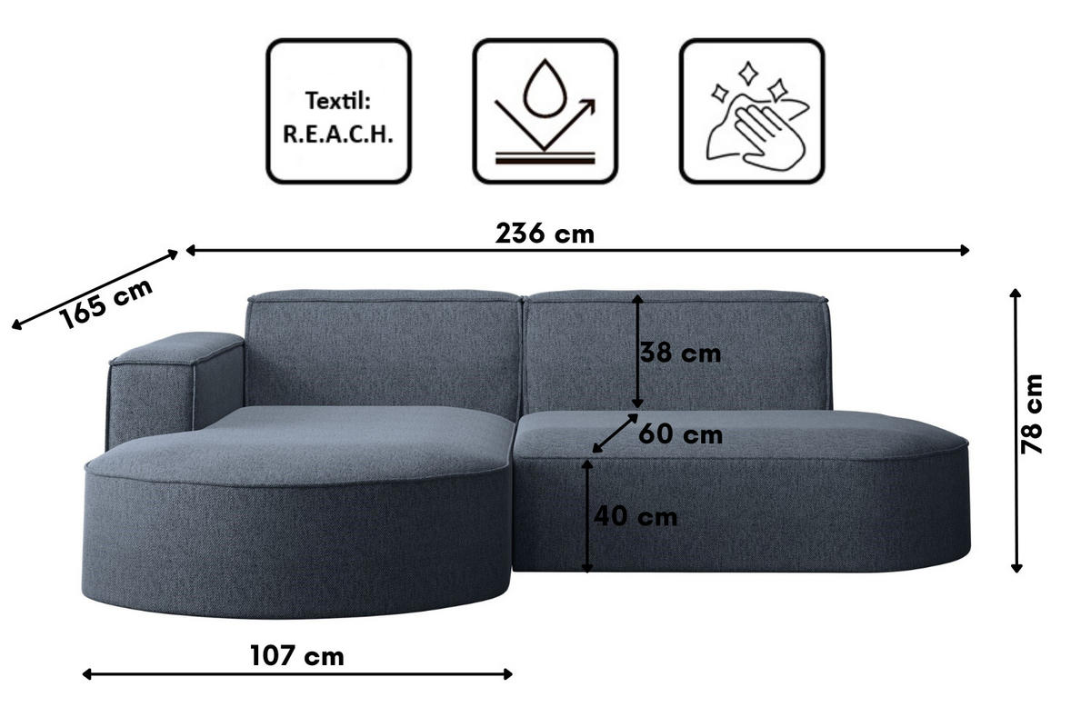 ECKSOFA MODENA L STUDIO Stoff Verita Marineblau Links - Dunkelblau, Holz (165/236cm) - Kaiser Möbel
