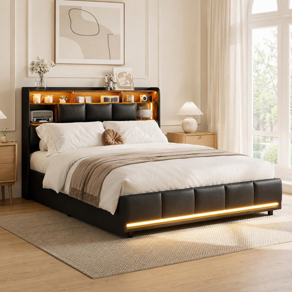 POLSTERBETT 140/190 mit Warmton-LED-Beleuchtung, multifunktionalem Stauraumkopfteil und Lade-USB, Schlafzimmer Polsterbett - Schwarz, Holz/Metall (140/190cm) - Joyfair