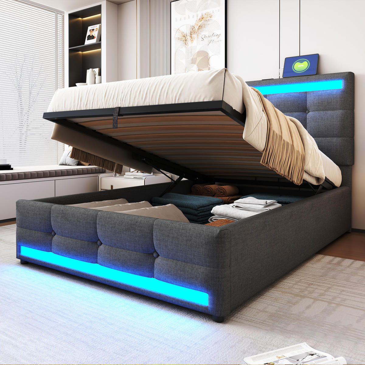 POLSTERBETT 90/200 cm Grau mit LED-Beleuchtung und USB-Anschlüssen - Grau, Textil (90/200cm) - OKWISH