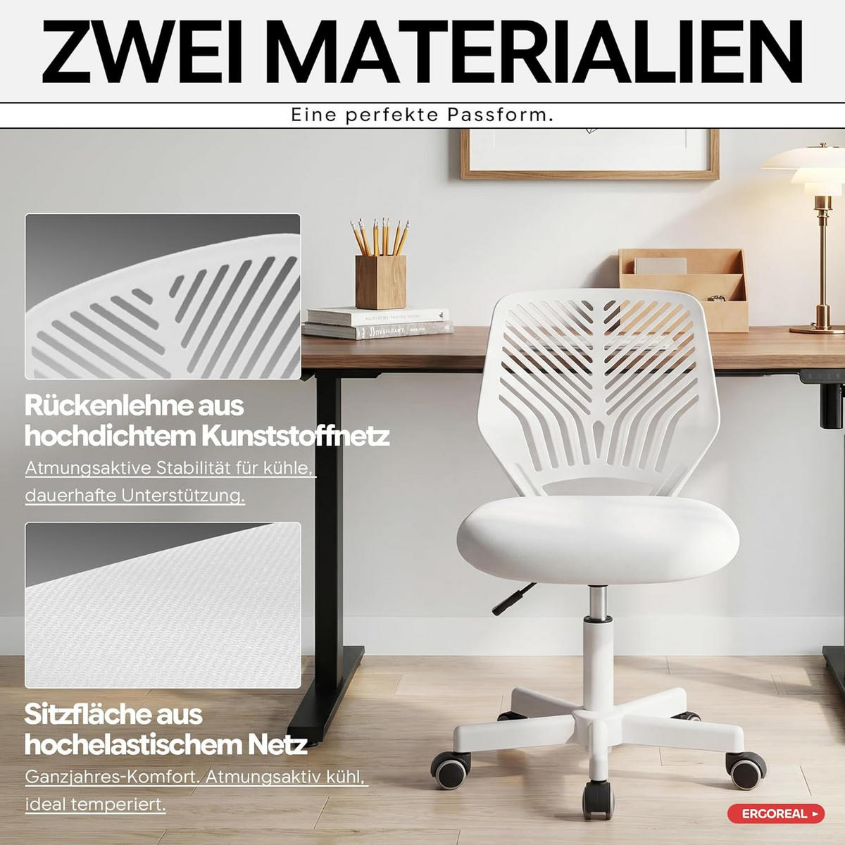 BÜROSTUHL Ergonomischer ohne Armlehne, mit Rollen & Höhenverstellung - Weiß, Metall (55/79/55cm) - Gisaae
