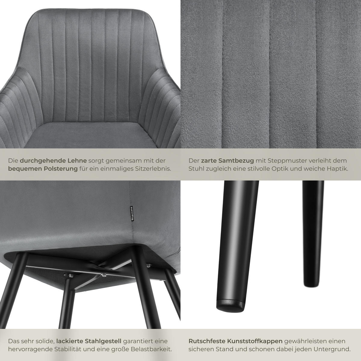 ESSZIMMERSTUHL 6er Set Marilyn 58 x 62 x 82 cm grau/schwarz - Schwarz/Grau, Metall (58/82/62cm) - tectake
