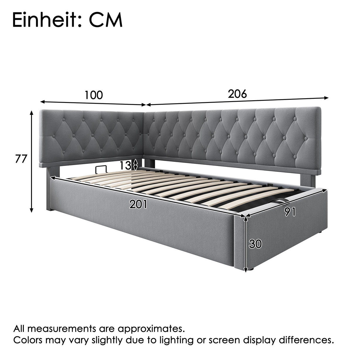 POLSTERBETT 90/200 cm mit hydraulischem Bettkasten, L-Form-Design, Samt Grau - Grau, Textil (90/200cm) - Redom