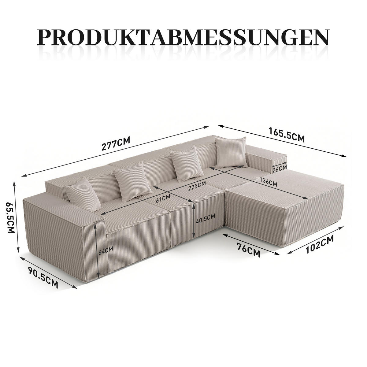 ECKSOFA cordstoff 279 cm flexibles design - Beige, Textil (279/165cm) - Urban Meuble