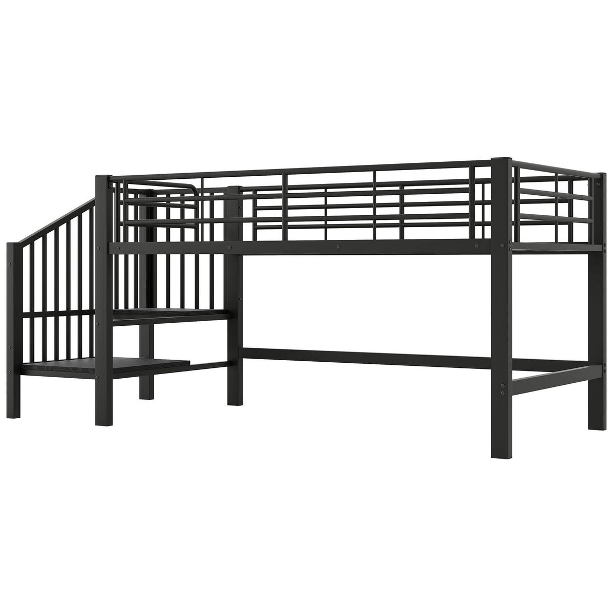 HOCHBETT 90/200 cm mit Stauraumtreppe und Lattenrost aus Metall und MDF, Schwarz - Schwarz, Holzwerkstoff (90/200cm) - Redom