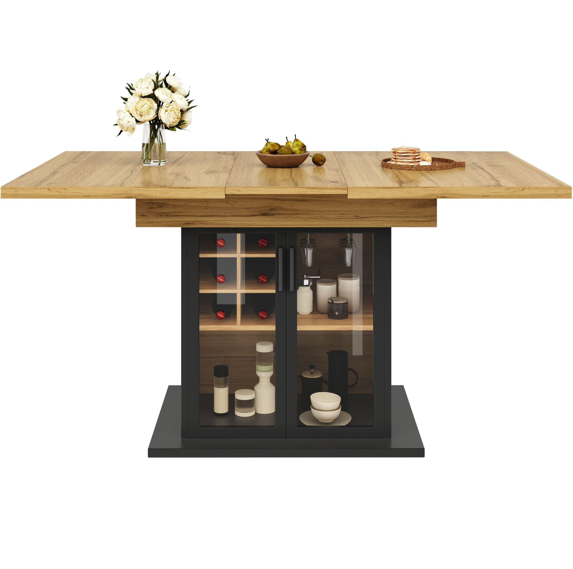 OKWISH JÍDELNÍ stůl 110-140/80/76 cm černý z MDF s výsuvnou deskou a stojanem na víno