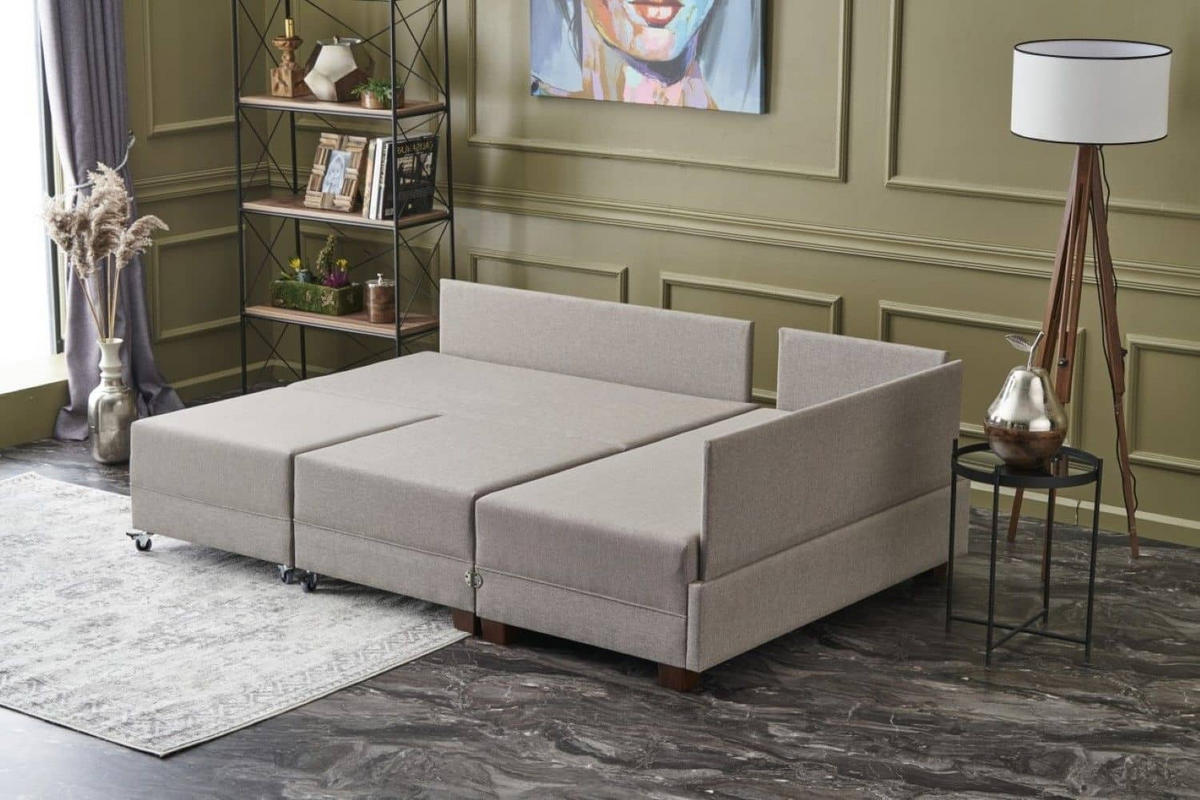 ECKSOFA mit rollbarer Schlaffunktion - Beige/Walnussfarben, Holz/Textil (210/280cm) - myHomelando