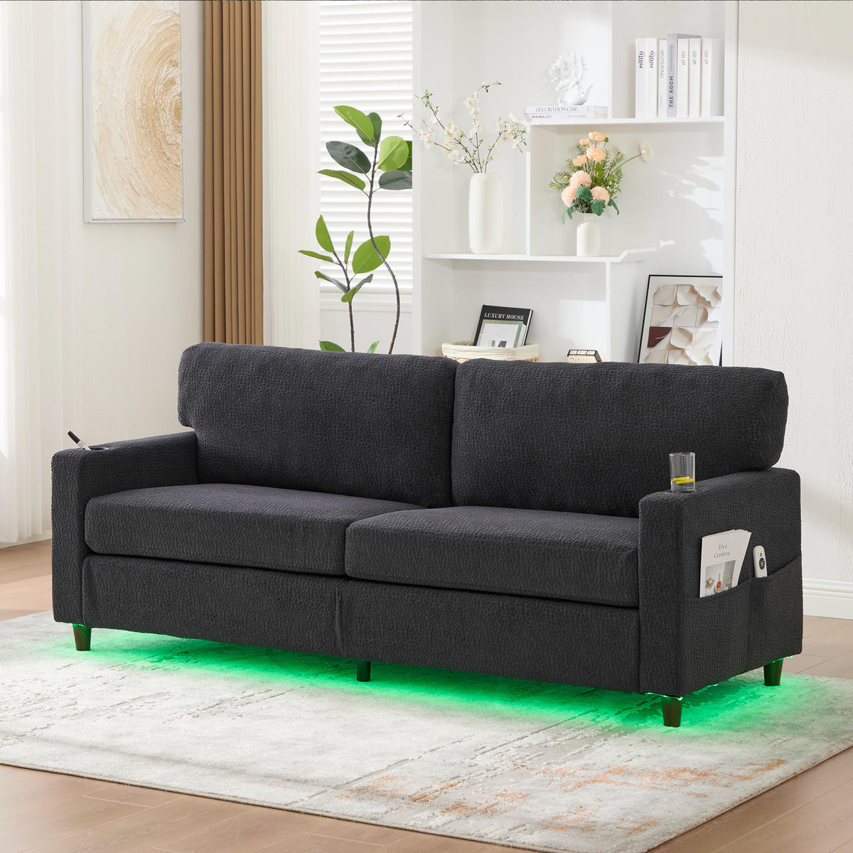 SOFA Zweisitzer Chenille dunkelgrau mit USB-C LED-Ambiente & Getränkehaltern 203/77,5/86 cm - Dunkelgrau, Textil (203/86/77.5cm) - OKWISH