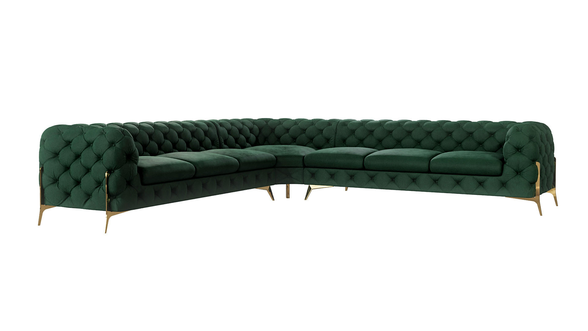 S-Style CHESTERFIELD ROHOVÁ SEDAČKA Lexi z lahvově zeleného sametu se zlatými nohami