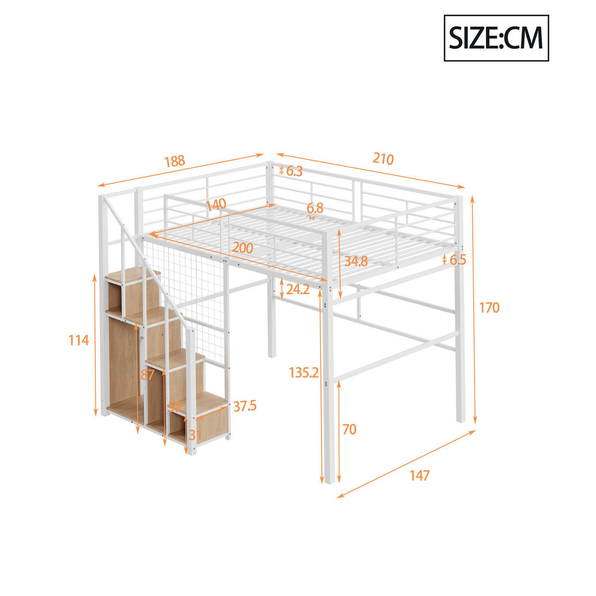 HOCHBETT 140/200 cm mit Treppe, Stauraum und Kleiderstange aus Metall, Weiß - Weiß, Metall (140/200cm) - Redom