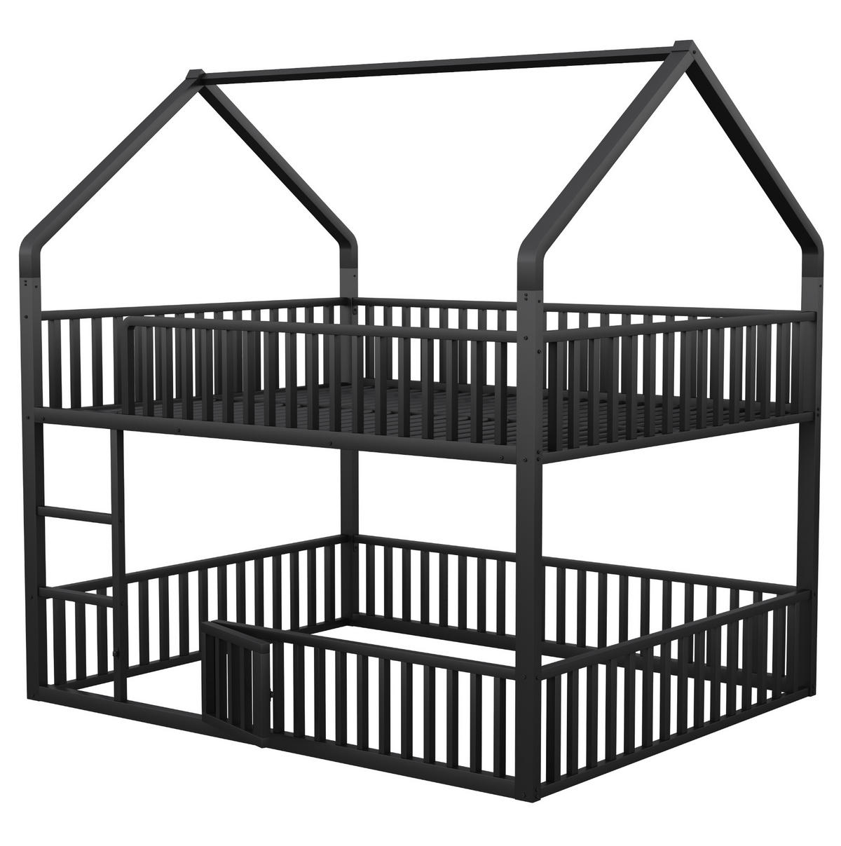 ETAGENBETT aus Metall 140x200 cm Schwarz mit Hausrahmen, Frontleiter und Sicherheitsgeländern - Schwarz, Metall (140/200cm) - Modfu