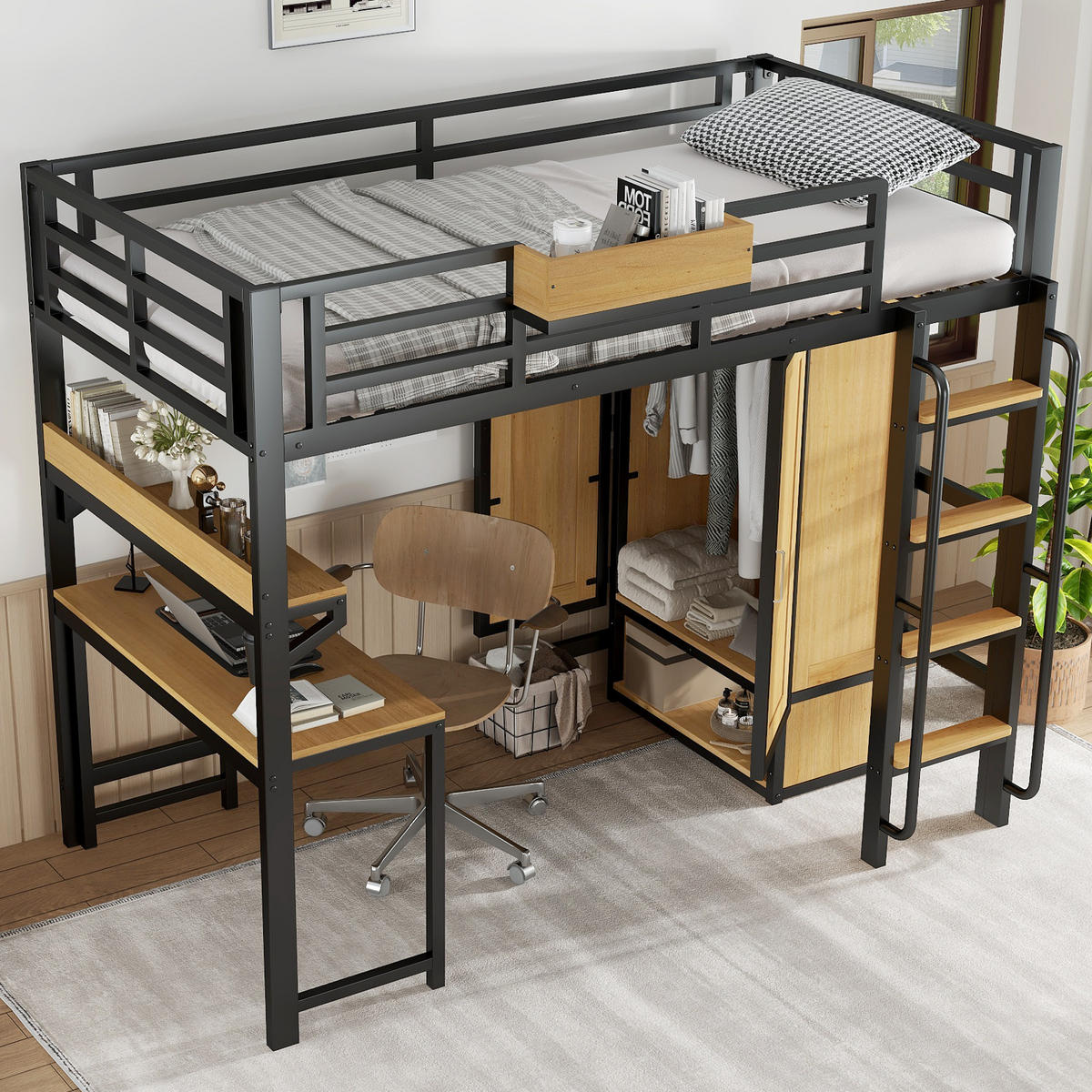 HOCHBETT 90x200 cm Schrank Schreibtisch schwarz - Schwarz, Metall (90/200cm) - LEBENLANG