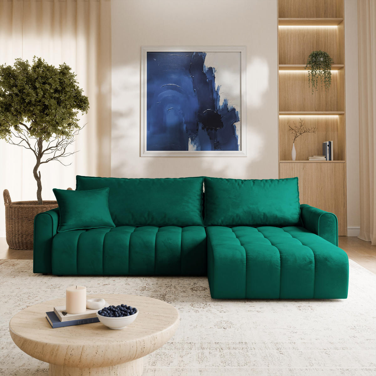 ECKSOFA FRIGA Grün Velours-Stoff mit Schlaffunktion - Grün, Holz (283/185cm) - MASSENO