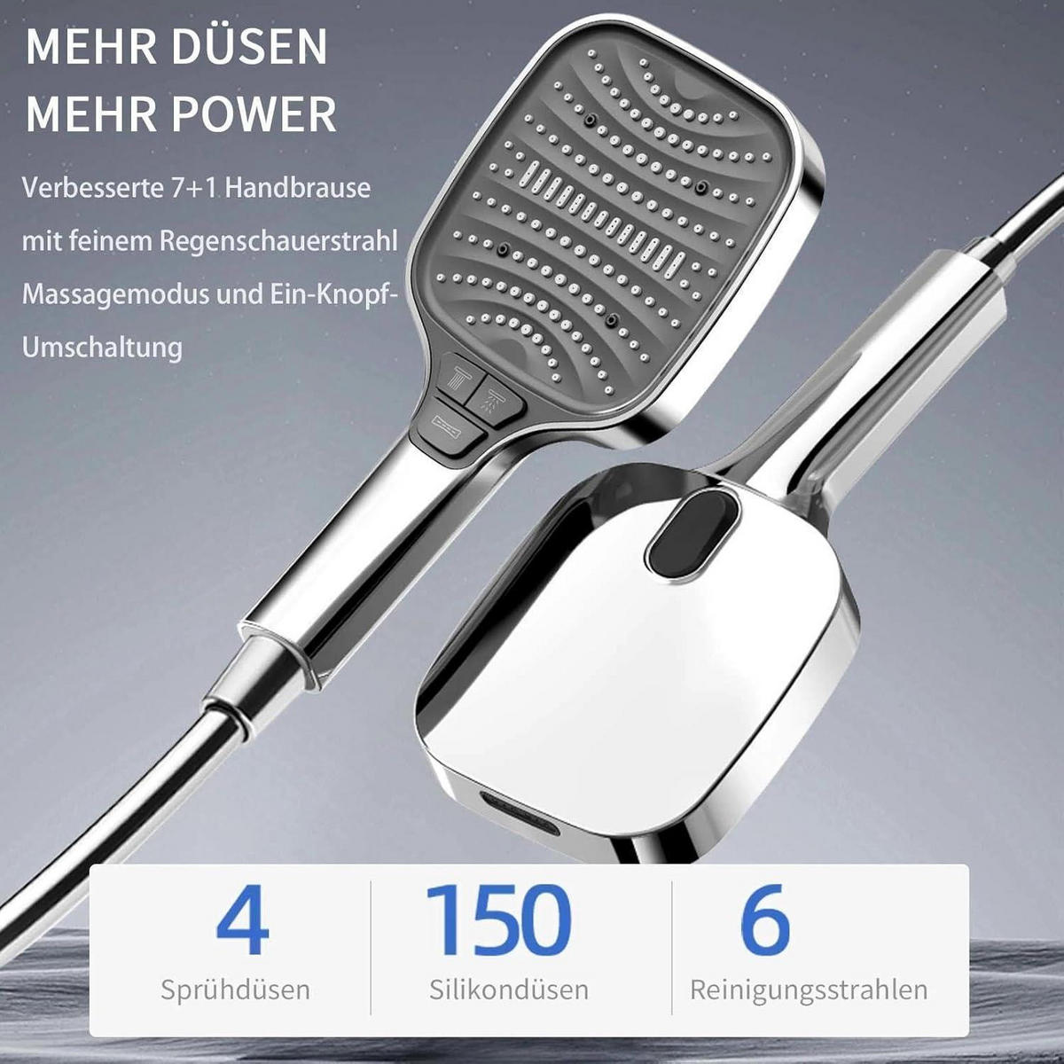 DUSCHKOPF Set mit 1.5m Schlauch Silber 8 Strahlarten Stoppfunktion - Silberfarben, Metall (12/12.7/26cm)